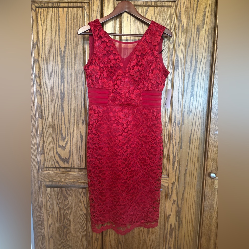 Enfocus Studio Red Lace V-Neck Midi Sheath Dress new with tags size 6